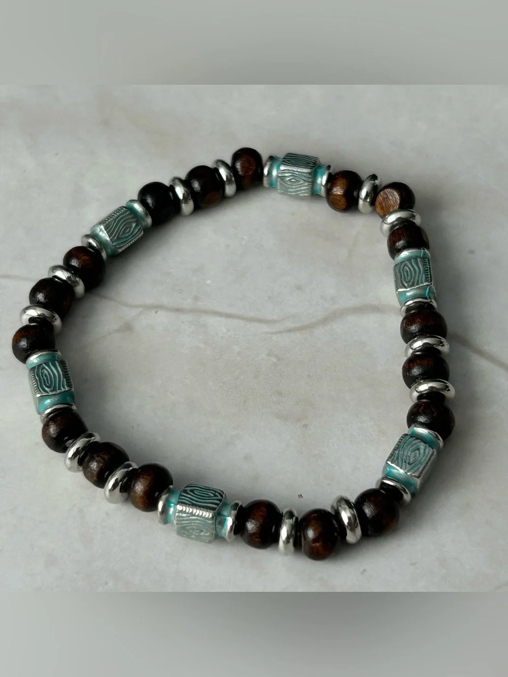 Turquoise Accent Wooden Bead Stretch Bracelet